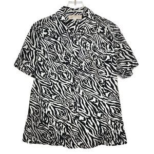 Jones New York Sport Cotton Blouse Small Zebra Buttons Short Sleeve Black White